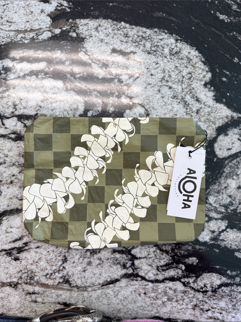 ALOHA Collection Small Olive Green & White Floral Cosmetic Pouch